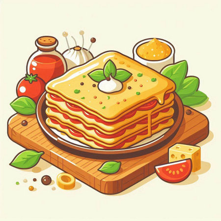 Illustration of lasagna with tomato sauce and basil on wooden boardのイラスト素材