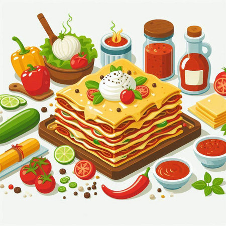 Illustration of a stack of lasagna with ingredients on a white backgroundのイラスト素材