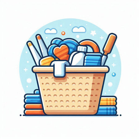 Basket with cleaning products. Vector illustration in flat cartoon style.のイラスト素材