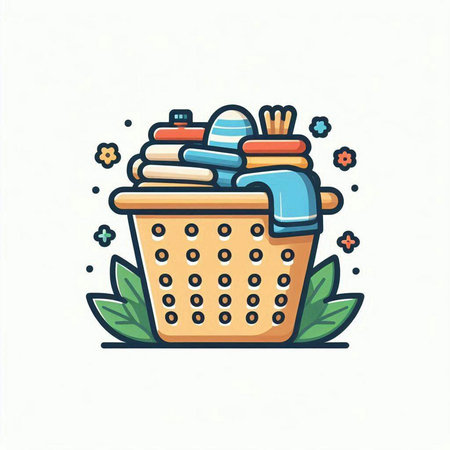 Basket with clean clothes. Laundry service. Vector illustration.のイラスト素材