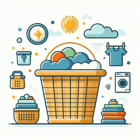 Laundry basket with cleaning products. Vector illustration in flat styleのイラスト素材
