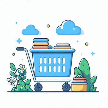 Shopping cart with food. Vector illustration in thin line style.のイラスト素材