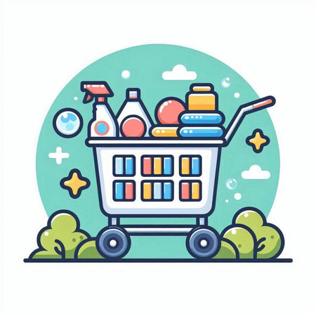 Shopping cart with cleaning products. Vector illustration in flat style.のイラスト素材
