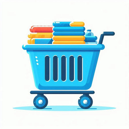 Shopping cart full of products. Vector illustration in cartoon style.のイラスト素材