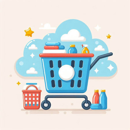 Shopping cart with cleaning products. Flat design style vector illustration.のイラスト素材