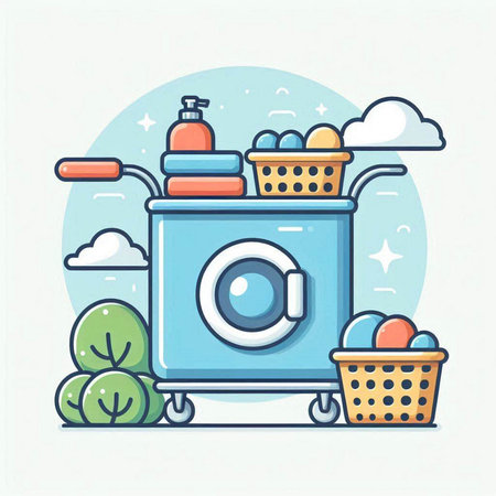 Laundry service, washing machine and basket with dirty laundry. Vector illustrationのイラスト素材