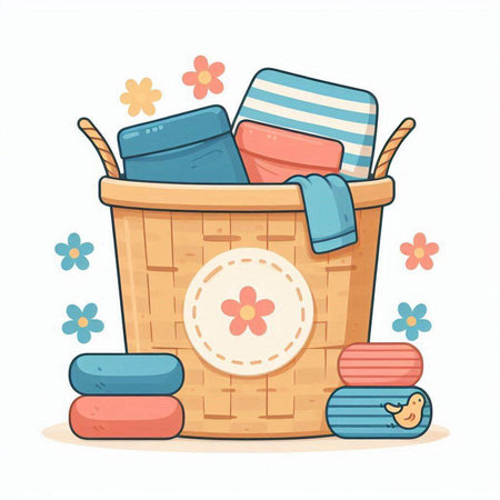 Basket with towels and bath accessories. Vector illustration in cartoon style.のイラスト素材