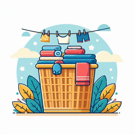 Laundry basket with clothes on a rope. Vector illustration.のイラスト素材