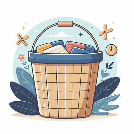 Basket with cleaning products. Vector illustration in flat cartoon style.のイラスト素材