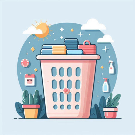 Basket with garbage. Vector illustration in flat cartoon style. Cleaning concept.のイラスト素材