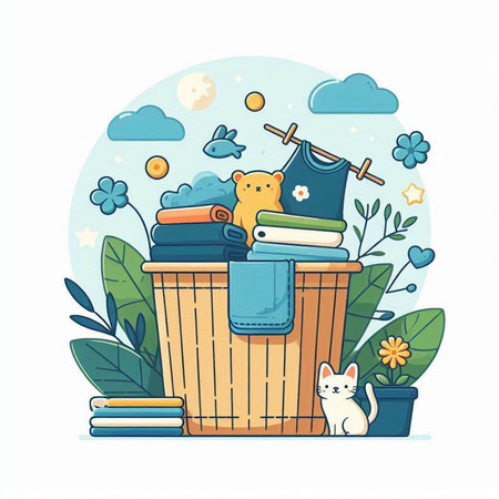 Pile of clothes in basket. Vector illustration in cartoon style.のイラスト素材