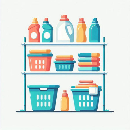 Detergents and bottles on the shelf. Vector illustration.のイラスト素材