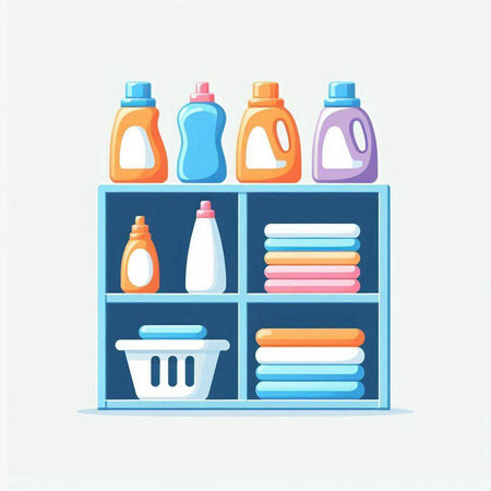 Detergents and cleaning products in a shelf. Vector illustration.のイラスト素材