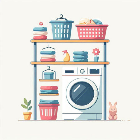 Laundry room with washing machine and basket. Vector illustration.のイラスト素材