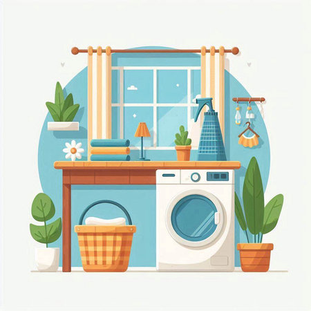 Laundry room interior. Flat style vector illustration. Washing machine, dryer, basket, houseplants, flowers.のイラスト素材