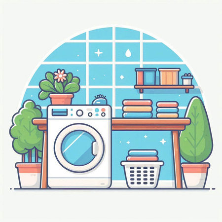 Laundry room interior. Washing machine, washing basket, towels, pot with houseplants. Flat vector illustration.のイラスト素材