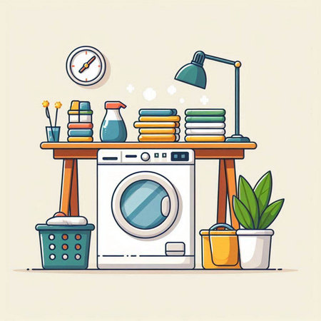 Laundry room with washing machine. Vector illustration in flat styleのイラスト素材