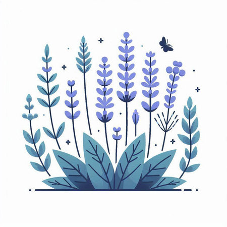 Lavender flowers with leaves and butterfly. Hand drawn vector illustration.のイラスト素材