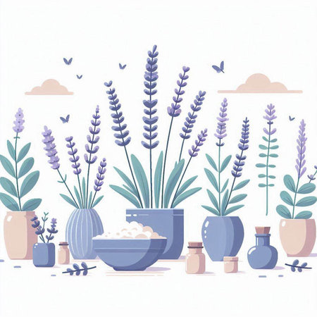 Lavender flowers in pots. Vector illustration in flat style.のイラスト素材