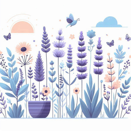 Vector illustration of lavender flowers in vase and butterflies on white backgroundのイラスト素材
