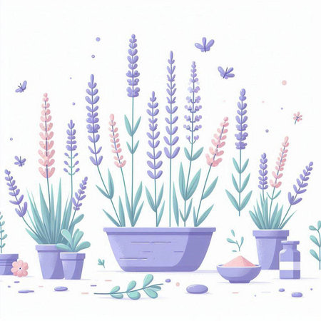 Vector illustration of lavender flowers in pots on a white background.のイラスト素材