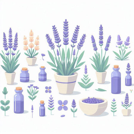Lavender and lavender plants in pots. Vector illustration.のイラスト素材