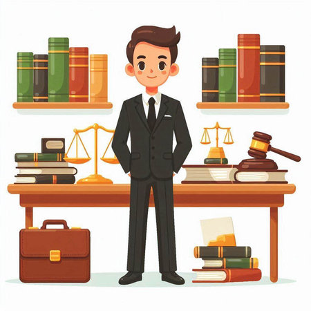 Lawyer at the desk with law books. Vector illustration in cartoon style.のイラスト素材