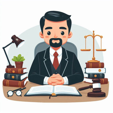Cartoon lawyer sitting at table with books and lamp. Vector illustrationのイラスト素材