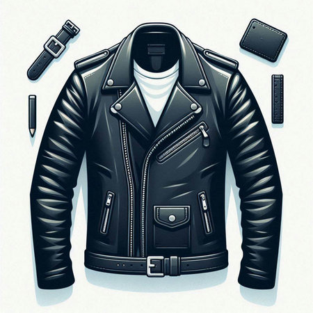 Men's leather jacket and accessories on a white background. Vector illustration.のイラスト素材