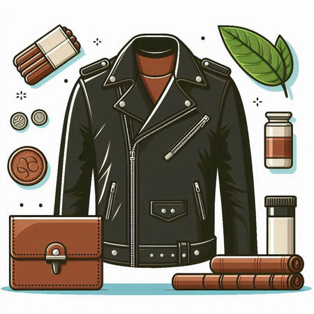 Vector illustration of a men's leather jacket with a leather wallet, cigar and tobacco leaves.のイラスト素材