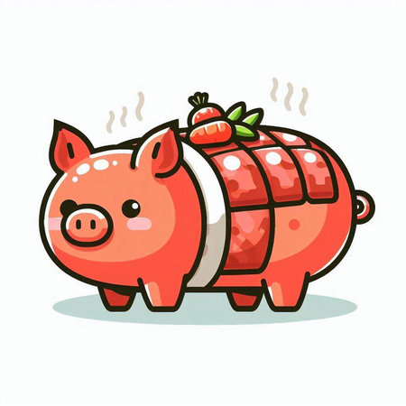 Piggy bank with a strawberry in its mouth. Vector illustration.のイラスト素材