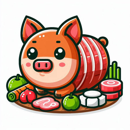 Chinese New Year Cute Cartoon Pig with Sushi. Vector illustrationのイラスト素材