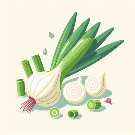 Illustration of fresh green onions and garlic on a light background.のイラスト素材