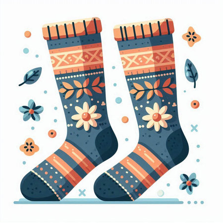 Vector illustration of a pair of socks with floral pattern. Winter clothes.のイラスト素材