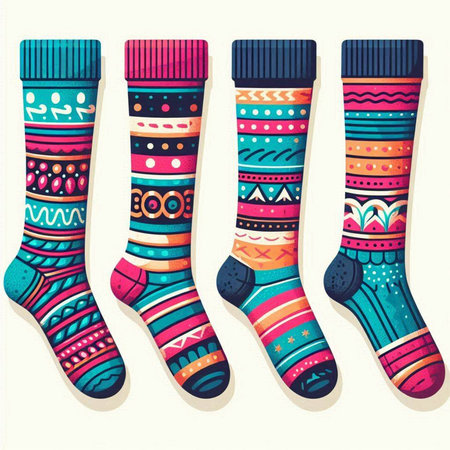 Set of colorful socks with different patterns. Vector illustration in retro style.のイラスト素材