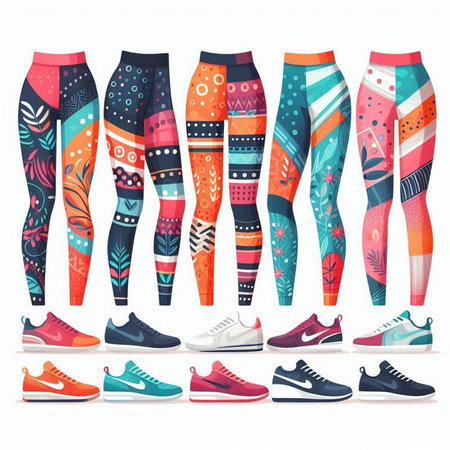 Set of colorful leggings and sneakers. Vector illustration isolated on white background.のイラスト素材