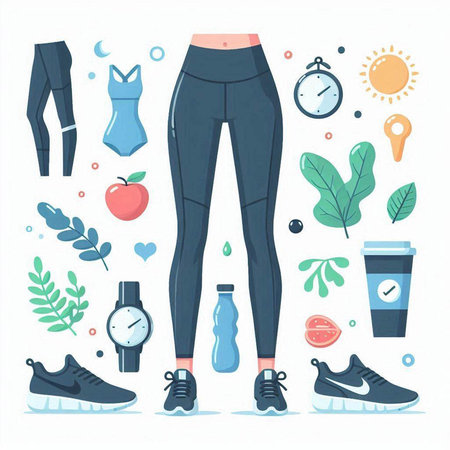 Fitness and healthy lifestyle. Sportswear, sneakers, water bottle, watch, apple, dumbbells. Vector illustrationのイラスト素材