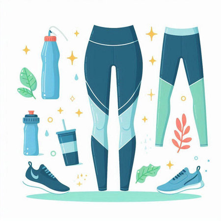 Fitness set. Sportswear, sneakers, bottle of water, water. Vector illustrationのイラスト素材