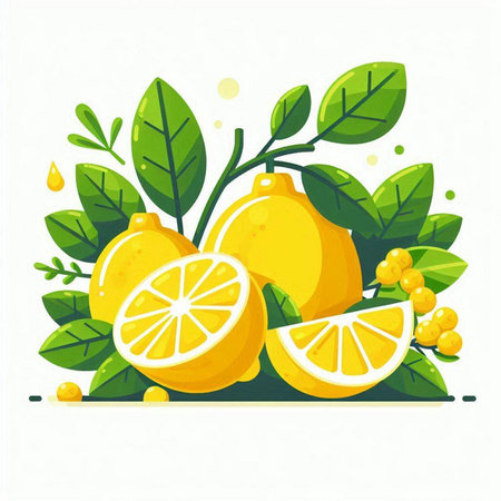 Lemon fruits and leaves. Vector illustration in flat cartoon style.のイラスト素材