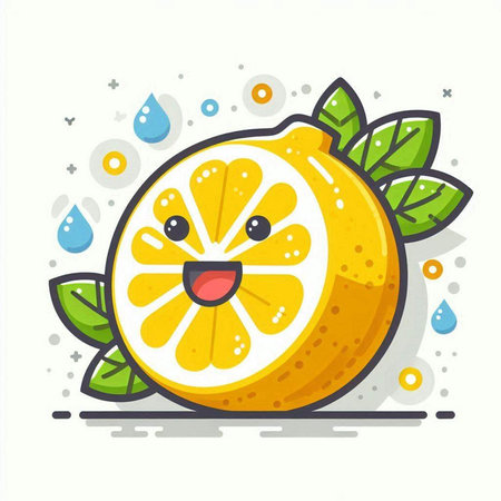 Cute cartoon lemon character with green leaves and water drops. Vector illustration.のイラスト素材