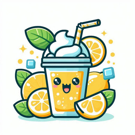 Cute lemon smoothie cartoon character. Isolated vector illustration.のイラスト素材