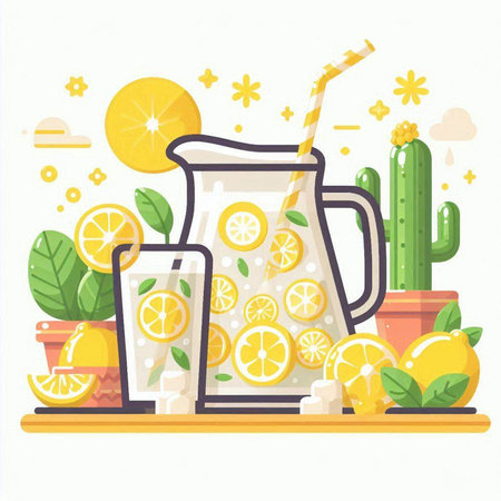 Vector illustration of lemonade in a jug with a straw and slices of lemon and cactus.のイラスト素材