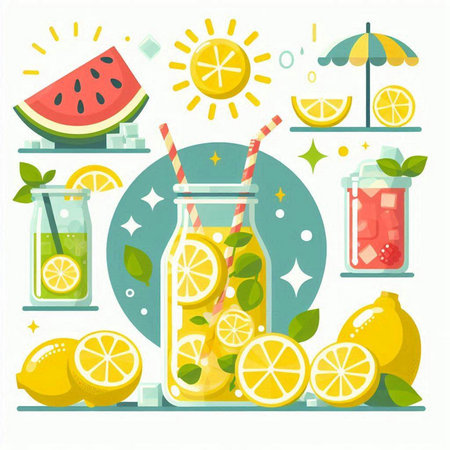 Summer lemonade with lemon, watermelon and mint. Vector illustrationのイラスト素材