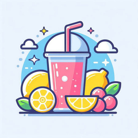 Fruit smoothie vector illustration. Colorful flat line design.のイラスト素材