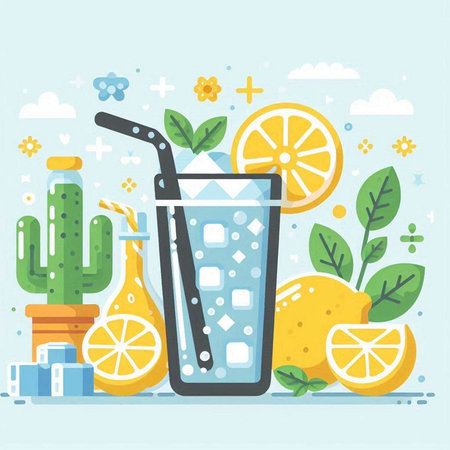Lemonade in a glass with a straw, lemon and cactus. Vector illustrationのイラスト素材