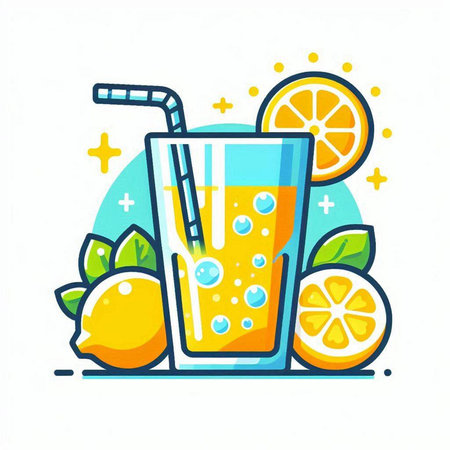 Orange juice in a glass with a straw and a slice of lemon. Vector illustrationのイラスト素材