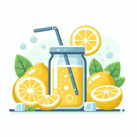 Lemonade in glass jar with straw and lemon slices. Vector illustration.のイラスト素材