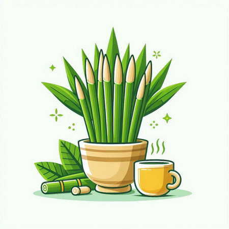 Vector illustration of green bamboo plant in pot with cup of tea.のイラスト素材