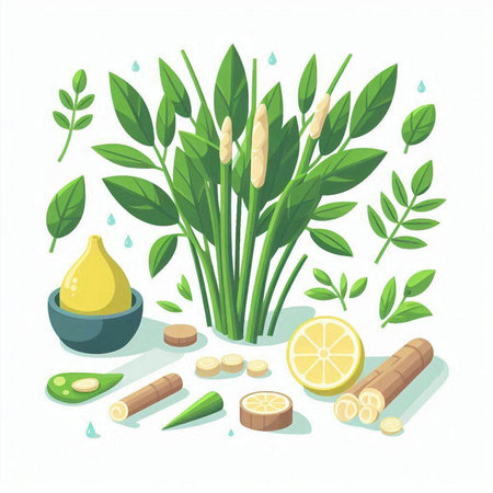 Herbs and spices for aromatherapy. Vector flat illustration.のイラスト素材