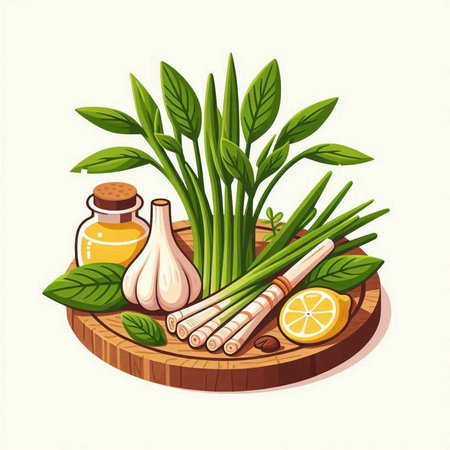 Herbs and spices on a wooden board. Vector illustration in cartoon style.のイラスト素材